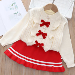 Kid Girl Korean Bowknot Sweater Knit Trend 2 Pcs Sets