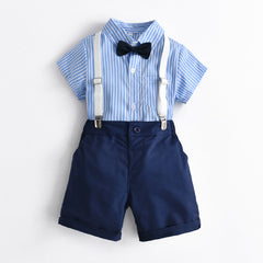 Kid Baby Boy Gentleman Suit Short Sleeve Striped Bow Tie Blue Suspenders 4 Pcs Sets