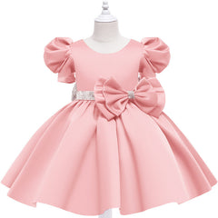 Kid Girl Princess Bubble Sleeve Bow Dress