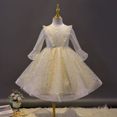 Kid Girl Long Sleeve Wedding Princess Pompadour Stage Performance Dresses