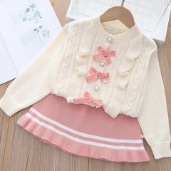 Kid Girl Korean Bowknot Sweater Knit Trend 2 Pcs Sets