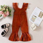 Baby Girl Jumpsuit Solid Color Wooden Ear Sleeve Suspenders Pants