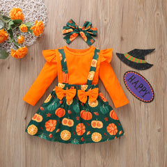 6M-5Y Kid Baby Girl Long Sleeve Round Neck Pumpkin Halloween 2 Pcs Sets