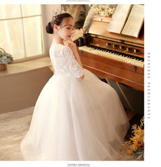 Kid Girl Banquet Long Sleeve Fluffy Yarn White Wedding Princess Dresses