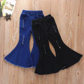 Kids Baby Girls Denim Trousers Ripped Jeans Flare Bell Bottom Trousers