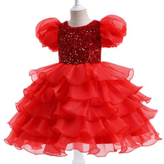 Kid Girl Princess Bubble Sleeve Sequins Pompous Gauze Dresses