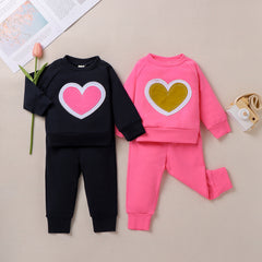 Infants Baby Girl Valentine Pure Color Long Sleeve Love Suit 2 Pcs Set