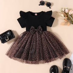 Kid Girl Black Pit Stripe Patchwork Leopard Print Mesh Dress