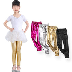 Girls Skinny Faux Leather Leggings Shiny Metallic Stretch Pants