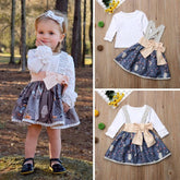 Girl Long Sleeve Tops Print Strap Skirt Outfit 2Pcs