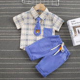 Baby Boy Plaid Bear Tie Outfit 2 Pcs Set