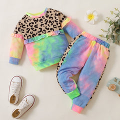 Girls Sets Leopard Tie Dye Printed Tracksuits 2 Pcs Sets