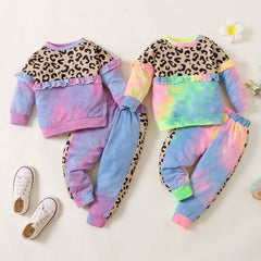 Girls Sets Leopard Tie Dye Printed Tracksuits 2 Pcs Sets