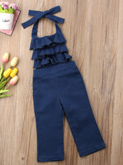 Kid Baby Girl Ruffles Overalls Halter Backless Jumpsuit Jeans Pants Rompers