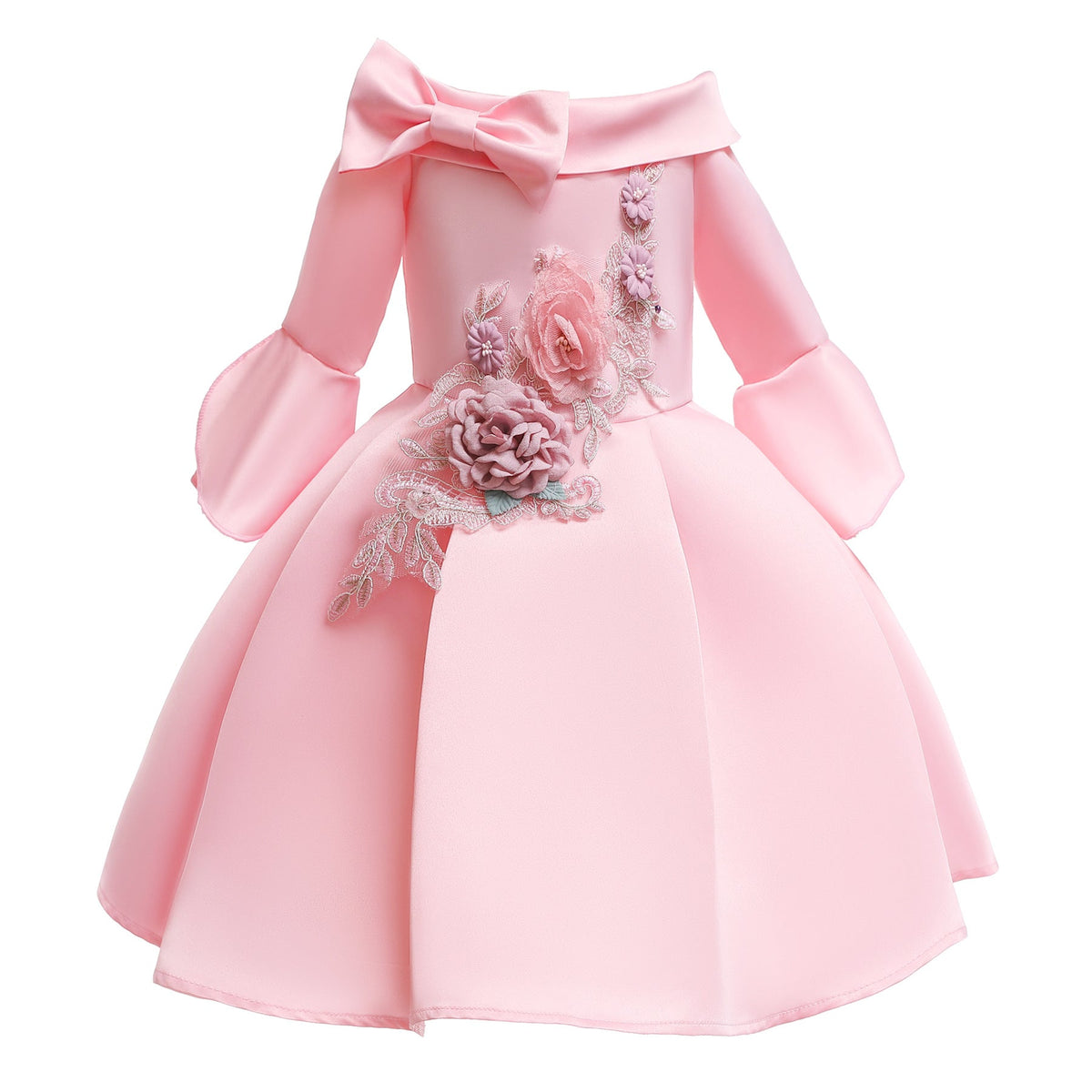 Kid Girl Princess Off Shoulder Middle Sleeve Satin Gown Embroidered Dresses