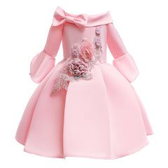 Kid Girl Princess Off Shoulder Middle Sleeve Satin Gown Embroidered Dresses