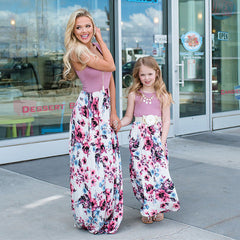Family Matching Mother Daughter Dress Vest Printed  Long Summer Dress