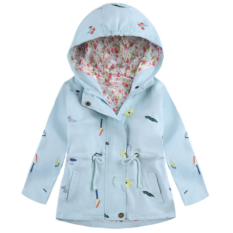 Kid Baby Girls Zippered Embroidered Hooded Jacket Casual Coats
