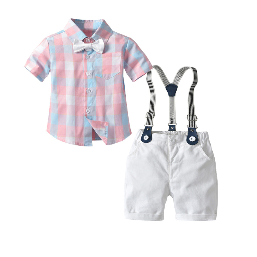 Baby Boy Gentleman Suit Short Sleeve Plaid Suspenders Suit 4 Pcs Sets
