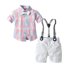 Baby Boy Gentleman Suit Short Sleeve Plaid Suspenders Suit 4 Pcs Sets