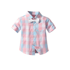 Baby Boy Gentleman Suit Short Sleeve Plaid Suspenders Suit 4 Pcs Sets