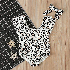 Kid Baby Girls Swimsuit Leopard Print Scarf 2 Pcs Sets