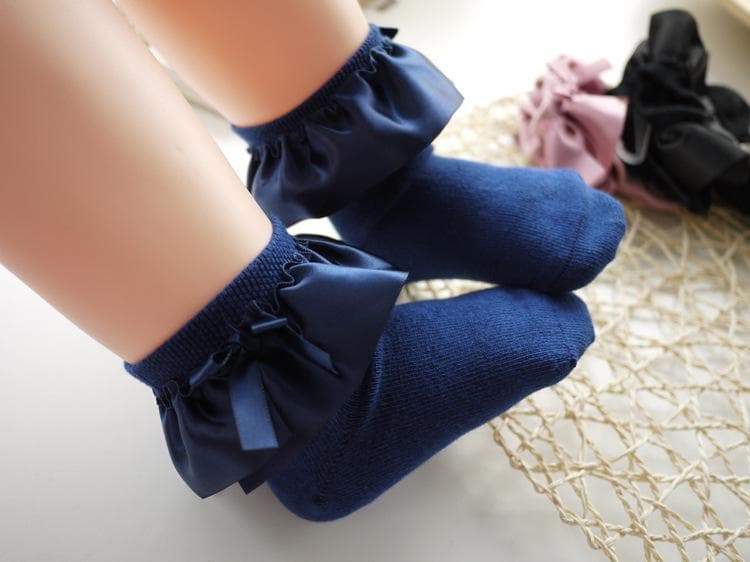 Kid Girl Bow Decor Silk Design Stretchy Solid Socks