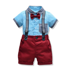 Kid Boy Baby Gentleman Suit Short Sleeve Suspenders Bow Tie Set 2 Pcs