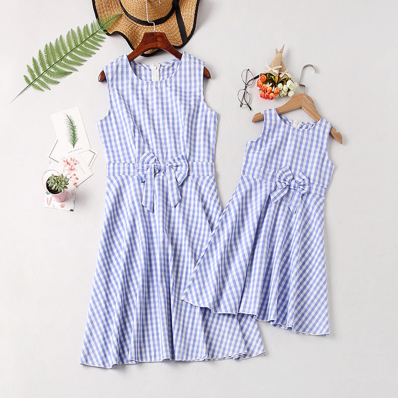 Family Matching Parent-child New Bowknot Plaid Dresses