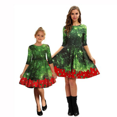 Family Matching Starry Sky Digital Print Parent-child Mid-sleeve Dress