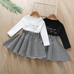 Kid Baby Girls Patchwork Spring Letter Printed Stripes Dress