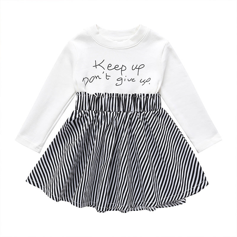 Kid Baby Girls Patchwork Spring Letter Printed Stripes Dress