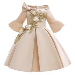 Kid Girl Princess Off Shoulder Middle Sleeve Satin Gown Embroidered Dresses