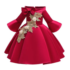 Kid Girl Princess Off Shoulder Middle Sleeve Satin Gown Embroidered Dresses