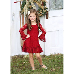 Kid Baby Girls Sub-trend Christmas Red Long Sleeve Lace Dresses