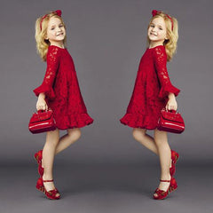 Kid Baby Girls Sub-trend Christmas Red Long Sleeve Lace Dresses