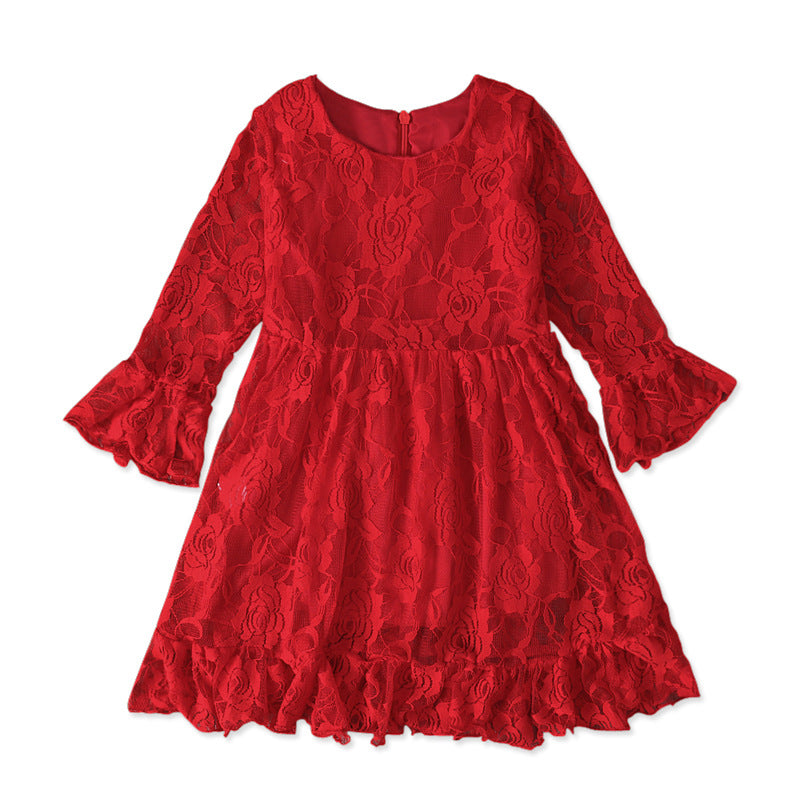 Kid Baby Girls Sub-trend Christmas Red Long Sleeve Lace Dresses