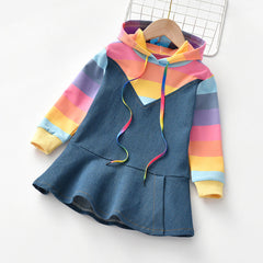 Autumn Kid Baby Little Girl Rainbow Denim Dress