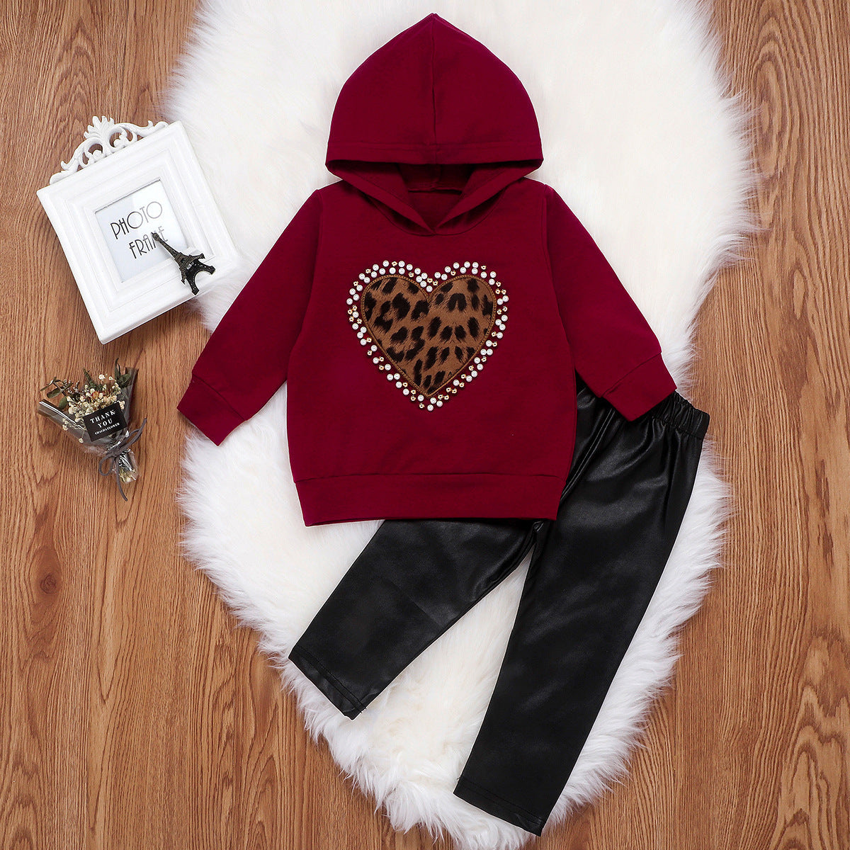 Girl Leopard Embroidered Trend Leather 2 Pcs Outfit Tracksuit