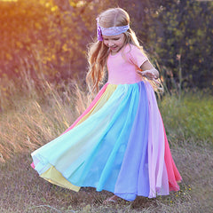 Girl Short Sleeve Rainbow Mesh Rainbow Casual Dresses