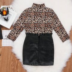 New Girl Leopard Print Long Sleeve Top with Buttocks Leather Skirt 2 Pcs Outfits