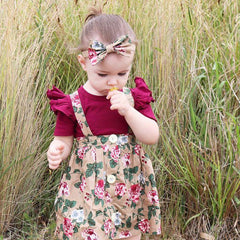 Baby Girl O-Neck Short Sleeve Ruffle Floral Suspender 2 Pcs Sets