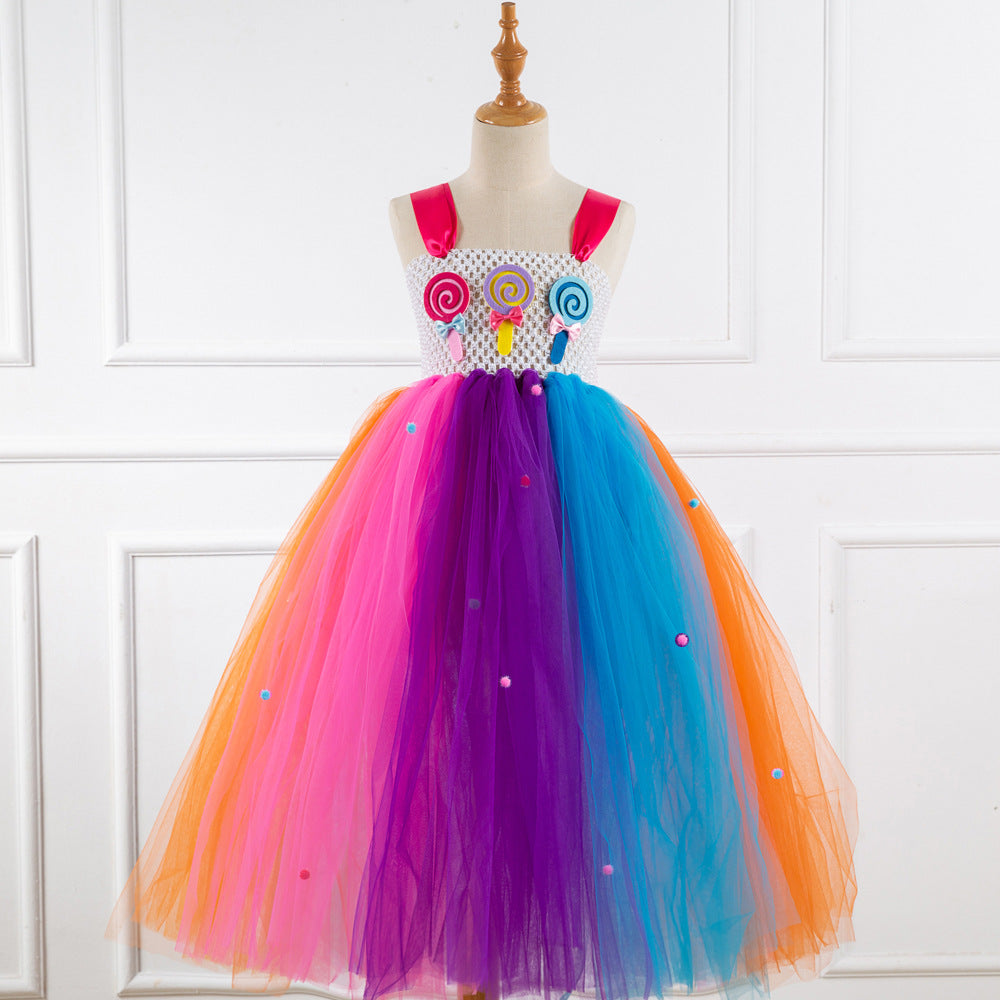 Kid Girl Christmas Long Colorful Candy Mesh Unicorn Dress