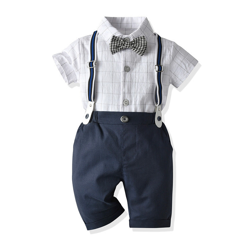 Baby Boy Suit Summer Checked Gentleman Short Sleeve 3 Pcs Set