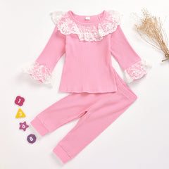 Girl Lace Round Neck Pit Stripe Long Sleeve Top and Trousers Pajamas 2 Pcs