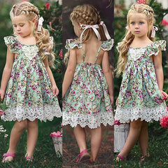 Kid Baby Girls Sub Flying Sleeve Shoulder Broken Flower Dress