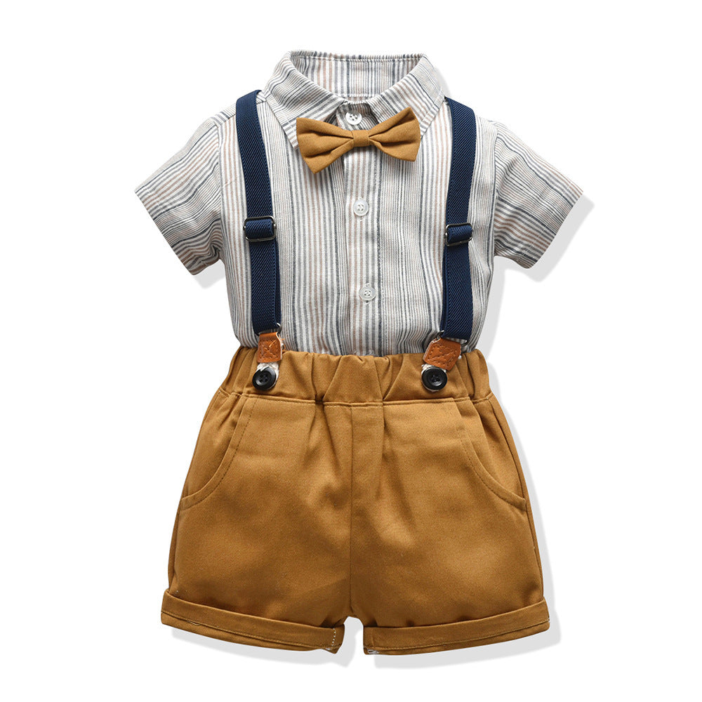 Kid Baby Boy Short Sleeve Striped Shorts Suspenders 2 Pcs Suit Sets