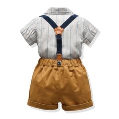 Kid Baby Boy Short Sleeve Striped Shorts Suspenders 2 Pcs Suit Sets
