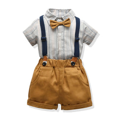 Kid Baby Boy Short Sleeve Striped Shorts Suspenders 2 Pcs Suit Sets