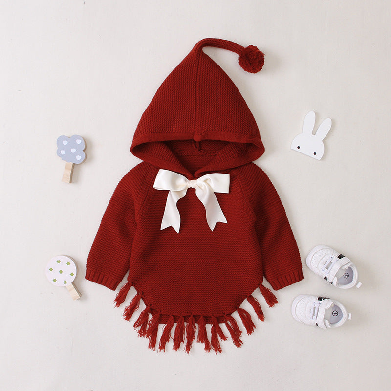 Baby Girl Hooded Cape Bow Knit Sweater